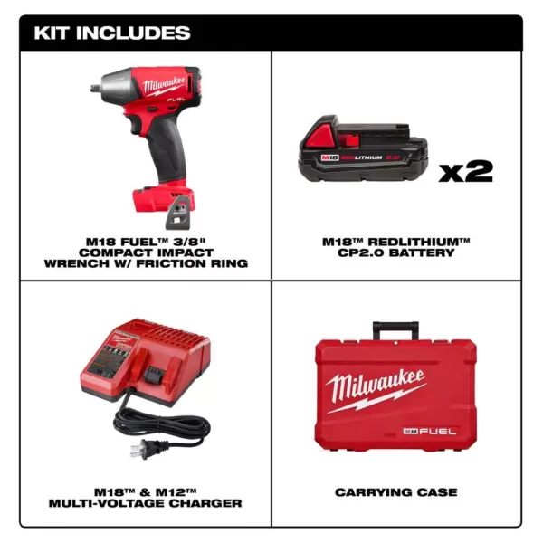 Milwaukee M18 FUEL 18-Volt Lithium-Ion Brushless Cordless 3/8 in. Impact Wrench W/ Friction Ring Kit W/ (2) 2.0Ah Batteries