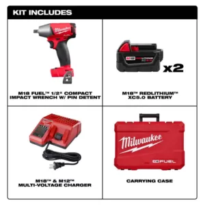 Milwaukee M18 FUEL 18-Volt Lithium-Ion Brushless Cordless 1/2 in. Impact Wrench Pin Detent Kit with Two 5 Ah Batteries, Hard Case