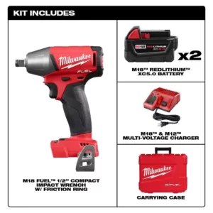 Milwaukee M18 FUEL 18-Volt Lithium-Ion Brushless Cordless 1/2 in. Impact Wrench Friction Ring with Two 5 Ah Batteries, Hard Case