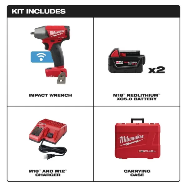 Milwaukee M18 FUEL ONE-KEY 18-Volt Lithium-Ion Brushless Cordless 3/8 in. Impact Wrench w/ Friction Ring Kit w/(2) 5.0Ah Batteries