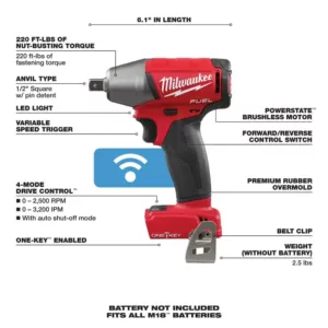 Milwaukee M18 FUEL ONE-KEY 18-Volt Lithium-Ion Brushless Cordless 1/2 in. Impact Wrench w/ Pin Detent (Tool-Only)