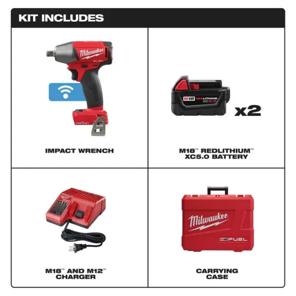 Milwaukee M18 FUEL ONE-KEY 18-Volt Lithium-Ion Brushless Cordless 1/2 in. Impact Wrench w/ Friction Ring Kit w/(2) 5.0Ah Batteries