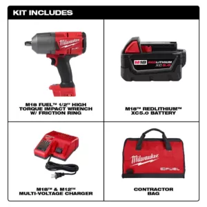 Milwaukee M18 FUEL 18-Volt Lithium-Ion Brushless Cordless 1/2 in. Impact Wrench w/Friction Ring Kit w/One 5.0 Ah Battery and Bag