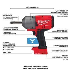 Milwaukee M18 ONE-KEY FUEL 18-Volt Lithium-Ion Brushless Cordless 1/2 in. Impact Wrench with Extended Anvil (Tool-Only)