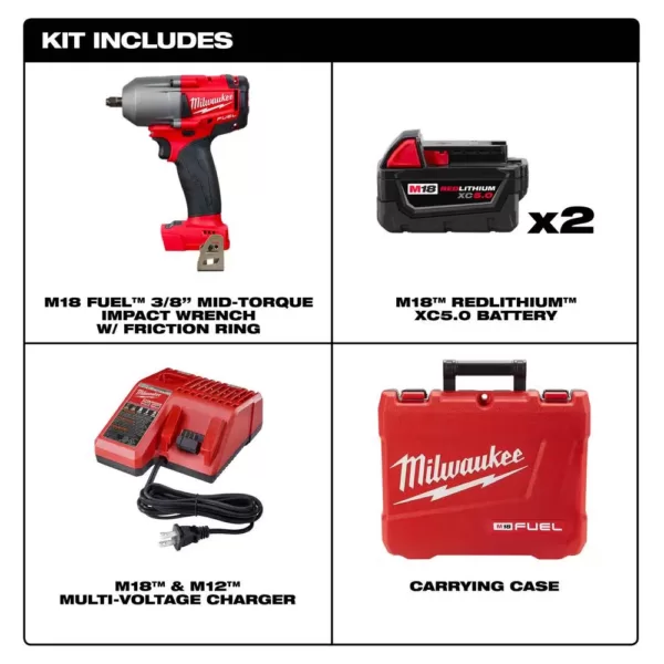 Milwaukee M18 FUEL 18-Volt Lithium-Ion Mid Torque Brushless Cordless 3/8 in. Impact Wrench W/ Friction Ring W/(2) 5.0Ah Batteries