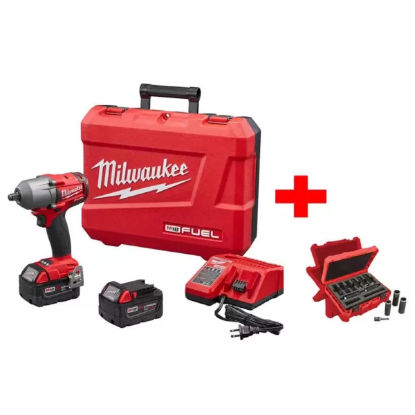 Milwaukee M18 FUEL 18-Volt Lithium-Ion Brushless 1/2 in. Mid Torque Impact Wrench With Friction Ring Kit with Socket Set (9-Piece)