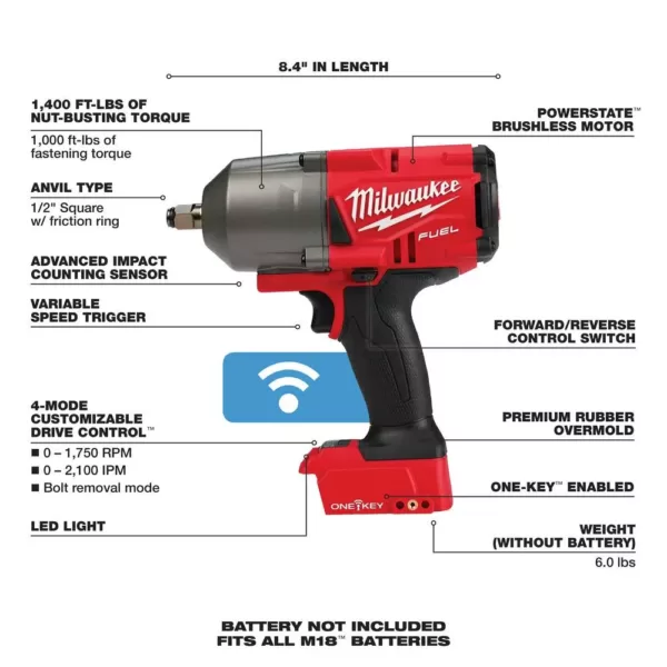 Milwaukee M18 FUEL ONE-KEY 18-Volt Lithium-Ion Brushless Cordless 1/2 in. Impact Wrench w/ Friction Ring Kit w/(2) 5.0Ah Batteries