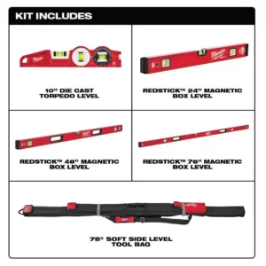 Milwaukee 10 in. /24 in. /48 in. /78 in. REDSTICK Magnetic Box and Torpedo Level Set