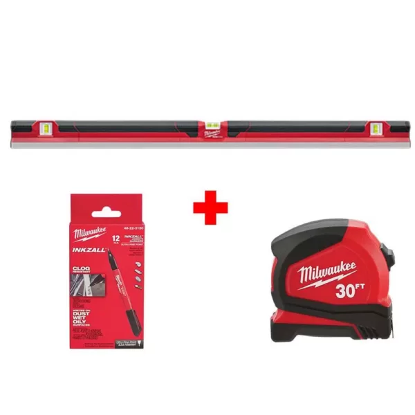 Milwaukee 48 in. Concrete Screed Level with 30 ft. Compact Tape Measure and (12-Pack) INKZALL Black Ultra Fine Point Markers