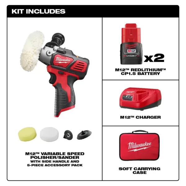 Milwaukee M12 12-Volt Lithium-Ion Cordless Variable Speed Polisher/Sander Kit W/(2) 1.5Ah Battery, Accessories, Charger & Tool Bag