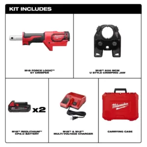 Milwaukee M18 18-Volt Lithium-Ion Cordless FORCE LOGIC 600 MCM Crimper Kit W/(2) 2.0Ah Batteries, Charger, Hard Case