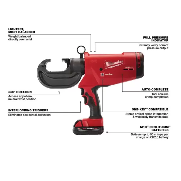 Milwaukee M18 18-Volt Lithium-Ion Cordless FORCE LOGIC 750 MCM Crimper W/(2) Batteries, Charger, Hard Case