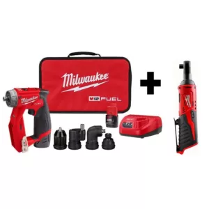 Milwaukee M12 FUEL 12-Volt Lithium-Ion Brushless Cordless 4-in-1 Installation 3/8 in. Drill Driver Kit W/ M12 3/8 in. Ratchet