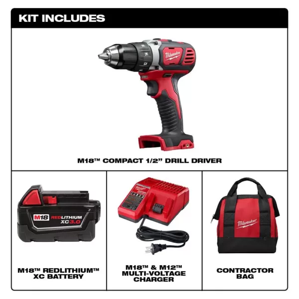 Milwaukee M18 18-Volt Lithium-Ion Cordless 1/2 in. Drill Driver Kit W/ (1) 3.0Ah Battery, Charger & Bag