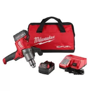 Milwaukee M18 FUEL 18-Volt Lithium-Ion Brushless Cordless 1/2 in. Mud Mixer Kit W/(2) 5.0Ah Batteries, Charger & Tool Bag