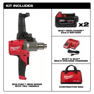 Milwaukee M18 FUEL 18-Volt Lithium-Ion Brushless Cordless 1/2 in. Mud Mixer Kit W/(2) 5.0Ah Batteries, Charger & Tool Bag