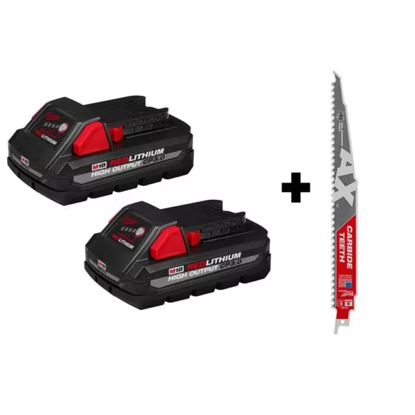 Milwaukee M18 18-Volt Lithium-Ion HIGH OUTPUT CP 3.0 Ah Battery Pack (2-Pack) w/9 in. 5 TPI AX Carbide Reciprocating Saw Blade