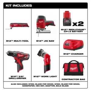 Milwaukee M12 12-Volt Lithium-Ion Cordless Combo Tool Kit (4-Tool) with Two 1.5 Ah Batteries, 1 Charger, 1 Tool Bag