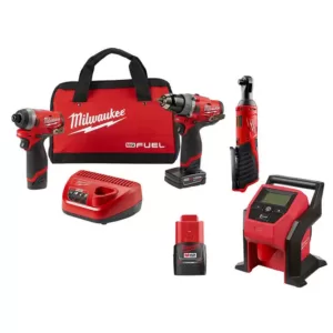 Milwaukee M12 FUEL 12-Volt Li-Ion Brushless Cordless Hammer Drill/Impact Driver Combo Kit with 3/8 in. Ratchet & Inflator (2-Tool)