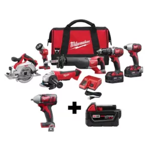 Milwaukee M18 18-Volt Lithium-Ion Cordless Combo Tool Kit (6-Tool) w/ 3/8 in. Impact Wrench and Additional 5.0 Ah Battery