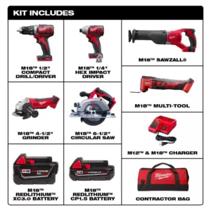 Milwaukee M18 18-Volt Lithium-Ion Cordless Combo Kit (6-Tool) with Two Batteries, Charger and Tool Bag