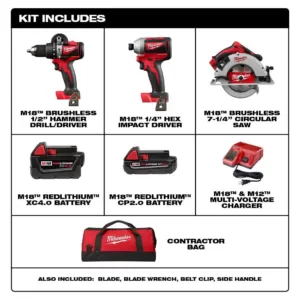 Milwaukee M18 18-Volt Lithium-Ion Brushless Cordless Hammer Drill/Impact/Circular Saw Combo Kit (3-Tool) with 2-Batteries