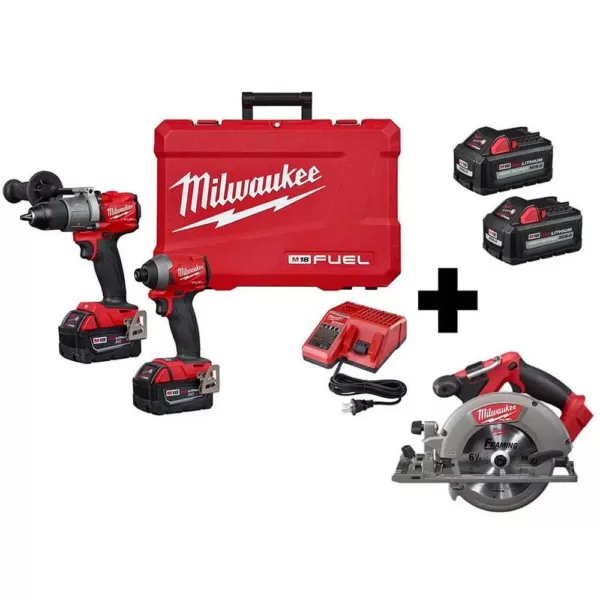 Milwaukee M18 FUEL 18-Volt Lithium-Ion Brushless Cordless Hammer Drill/6-1/2 in. Circular Saw/ Impact Driver with 4-Batteries