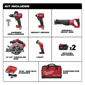 Milwaukee M18 FUEL 18-Volt Lithium-Ion Brushless Cordless Combo Kit (5-Tool) W/ (2) 5.0 Ah Batteries, (1) Charger, (1) Tool Bag