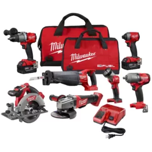 Milwaukee M18 FUEL 18-Volt Lithium-Ion Brushless Cordless Combo Kit (7-Tool) W/ (2) 5.0 Ah Batteries, (1) Charger, (2) Tool Bags