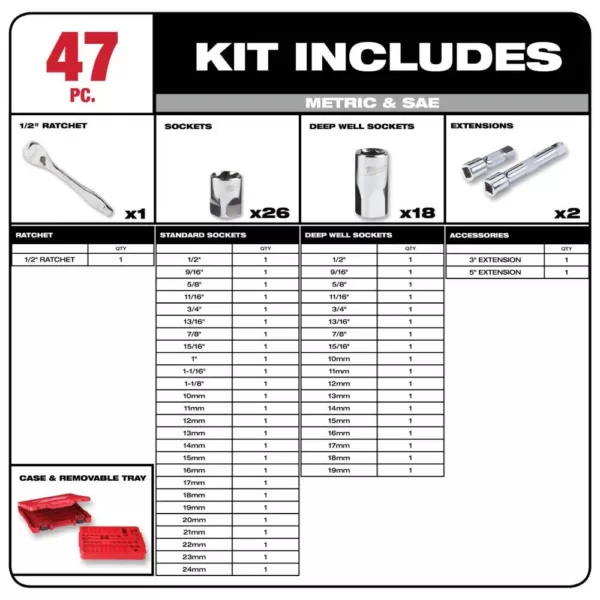 Milwaukee 1/2 in. Drive SAE/Metric Ratchet and Socket Mechanics Tool Set with SAE Combination Ratcheting Wrench Set (62-Piece)