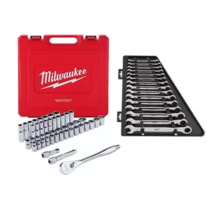 Milwaukee 1/2 in. Drive SAE/Metric Ratchet and Socket Mechanics Tool Set W/ Metric Combination Ratcheting Wrench Set (62-Piece)