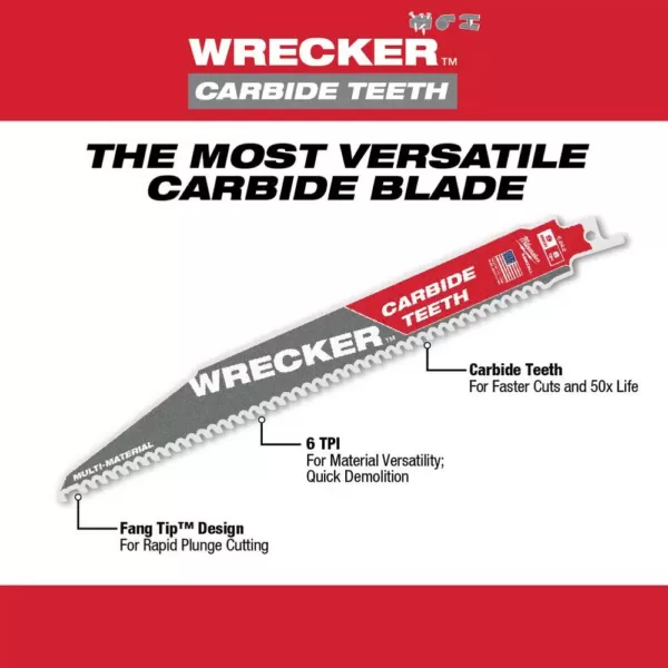 Milwaukee 9 in. 6 TPI WRECKER Carbide Teeth Multi-Material Cutting SAWZALL Reciprocating Saw Blade