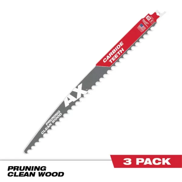 Milwaukee 12 in. 3 TPI Pruning Carbide Teeth Wood Cutting SAWZALL Reciprocating Saw Blade (3-Pack)