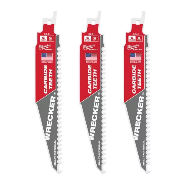 Milwaukee 6 in. 6 TPI WRECKER Carbide Teeth Multi-Material Cutting SAWZALL Reciprocating Saw Blade (3-Pack)