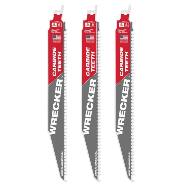 Milwaukee 9 in. 6 TPI WRECKER Carbide Teeth Multi-Material Cutting SAWZALL Reciprocating Saw Blade (3-Pack)