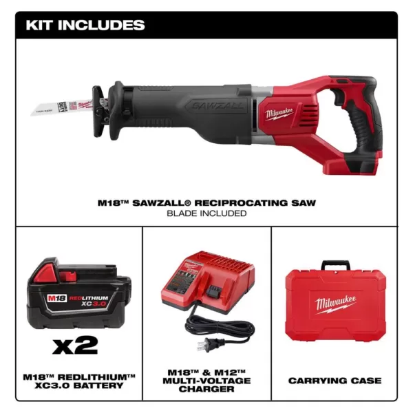 Milwaukee M18 18-Volt Lithium-Ion Cordless SAWZALL Reciprocating Saw W/(2) 3.0Ah Batteries, Charger, Hard Case