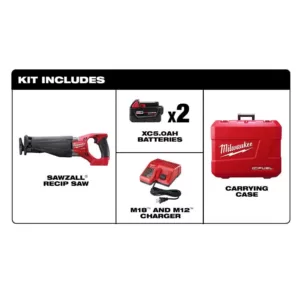 Milwaukee M18 FUEL 18-Volt Lithium-Ion Brushless Cordless SAWZALL Reciprocating Saw Kit W/(2) 5.0Ah Batteries, Charger & Hard Case