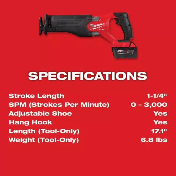 Milwaukee M18 FUEL GEN-2 18-Volt Lithium-Ion Brushless Cordless SAWZALL Reciprocating Saw (Tool-Only)