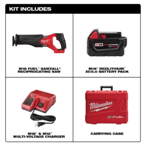 Milwaukee M18 FUEL 18-Volt Lithium-Ion Brushless Cordless SAWZALL Reciprocating Saw Kit W/one 5.0 Ah Batteries, Charger and Case