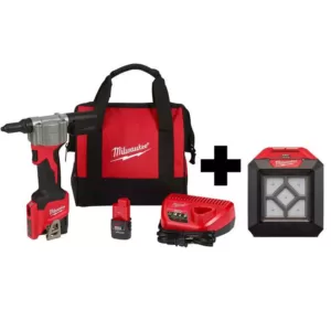 Milwaukee M12 12-Volt Lithium-Ion Cordless Rivet Tool Kit with (2) 1.5Ah Batteries, Charger and 1000 Lumens M12 Flood Light