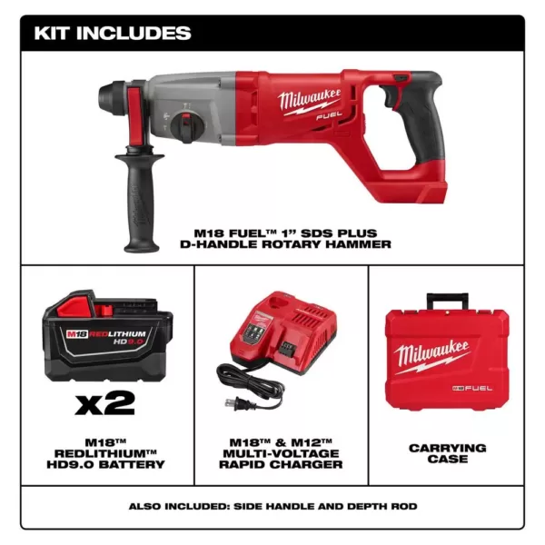 Milwaukee M18 FUEL 18-Volt Lithium-Ion Brushless Cordless 1 in. SDS-Plus D-Handle Rotary Hammer Kit W/(2) 9.0Ah Batteries