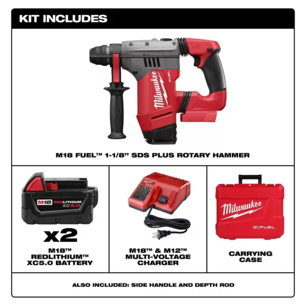 Milwaukee M18 FUEL 18-Volt Lithium-Ion Brushless Cordless 1-1/8 in. SDS-Plus Rotary Hammer w/(2) 5.0 Ah Batteries, Charger, Case