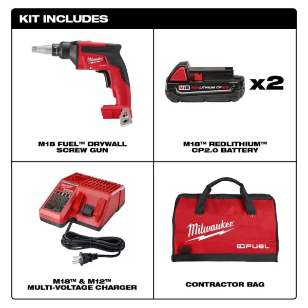 Milwaukee M18 FUEL 18-Volt Lithium-Ion Brushless Cordless Compact Drywall Screw Gun Kit w/(2) 2.0Ah Batteries, Charger, Tool Bag