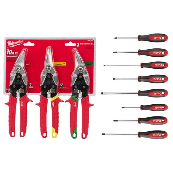 Milwaukee Straight-Cut Offset Aviation Snip (3-Pack) with Screwdriver Set (8-Piece)