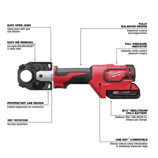 Milwaukee M18 18-Volt Lithium-Ion Cordless FORCE LOGIC 600 MCM Crimper Kit with #8 600 MCM Cu Dies