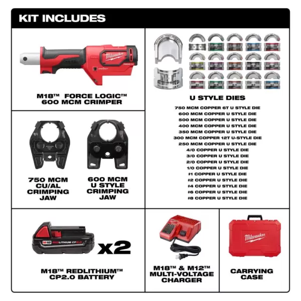 Milwaukee M18 18-Volt Lithium-Ion Cordless FORCE LOGIC 600 MCM Crimper Kit with 750 MCM Expanded Jaw