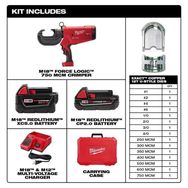 Milwaukee M18 18-Volt Lithium-Ion Cordless FORCE LOGIC 750 MCM Crimper Kit with EXACT #6 750 MCM Cu Dies and M18 FUEL Combo Kit