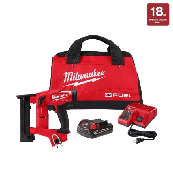 Milwaukee M18 FUEL 18-Volt Lithium-Ion Brushless Cordless 18-Gauge 1/4 in. Narrow Crown Stapler Kit w/ Battery 2Ah, Charger & Bag