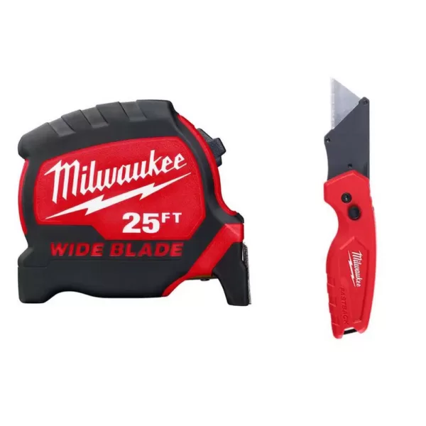 Milwaukee 25 ft. x 1.3 in. W Blade Tape Measure with 14 ft. Standout with Fastback Compact Folding Utility Knife