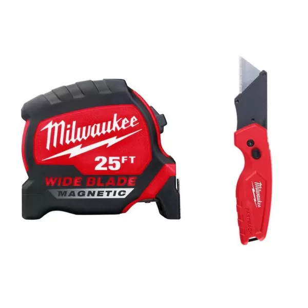 Milwaukee 25 ft. x 1.3 in. W Blade Magnetic Tape Measure with 14 ft. Standout with Fastback Compact Folding Utility Knife